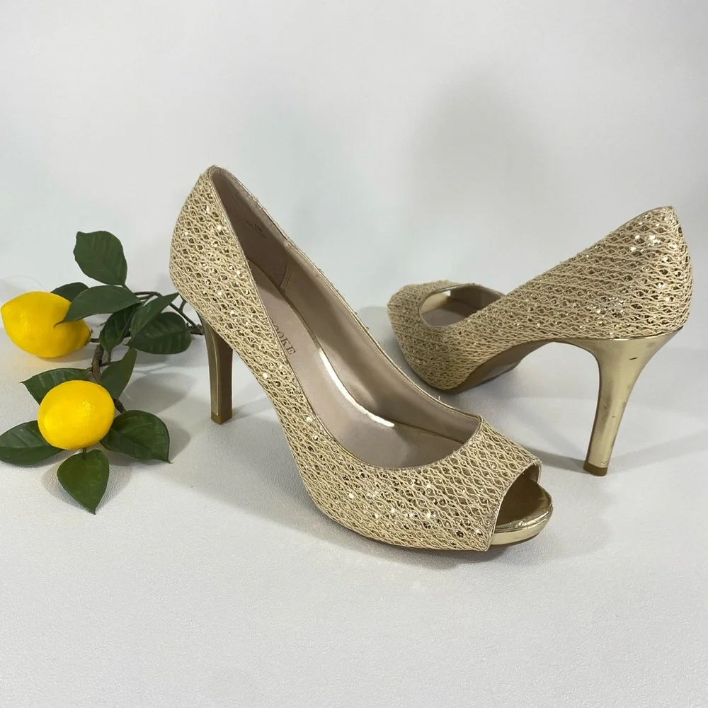 Gold Shimmer Peep Toe Heels 10 Audrey Brooke 4